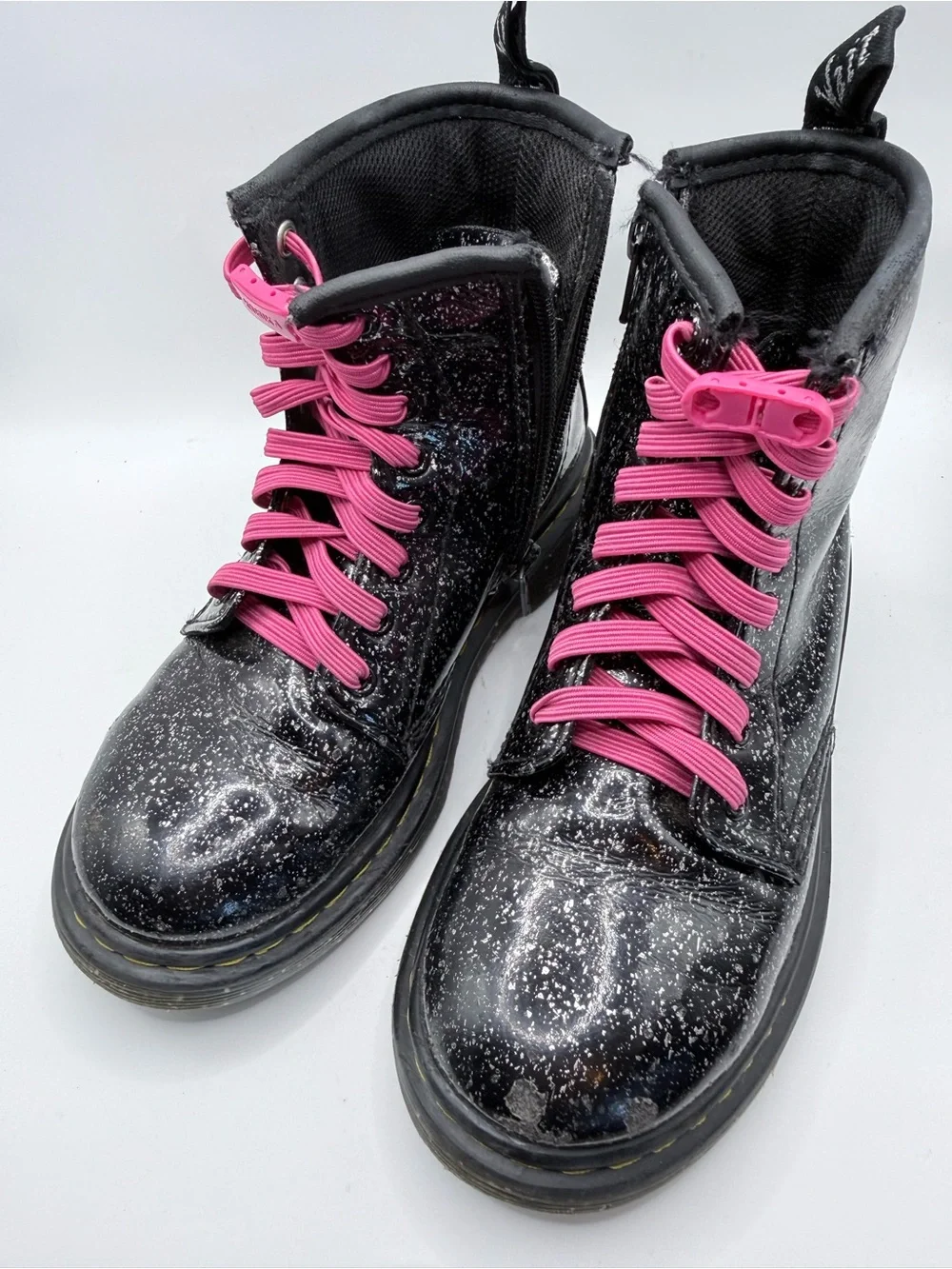 Dr. Martens 1460J black glitter combat boot w/pink laces, 13 US Kids